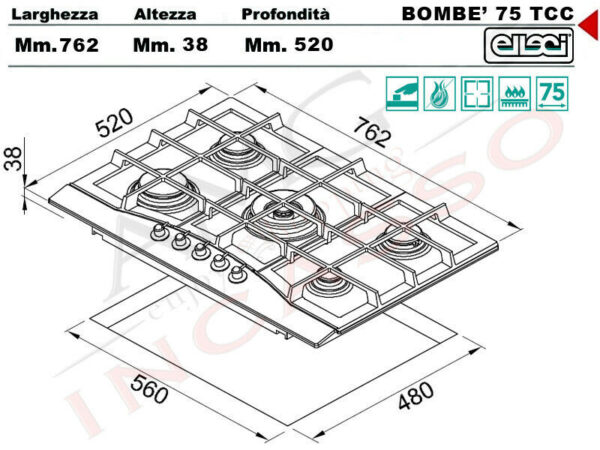 PIANO COTTURA 5F 75 ANTRACITE59 G/GHISA M/OTTON ELLECI PGSB75259CY - immagine 2